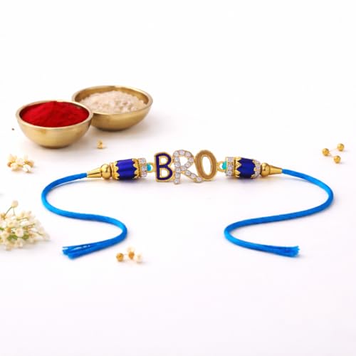 Image of JAIPUR ACE BRO Designer Rakhi Gift Set for Brother | Blue Thread Rakhi with Greeting Card & Roli Chawal Pouch | Premium Raksha Bandhan Gift | Traditional Brother Rakhi | Bro Rakhi