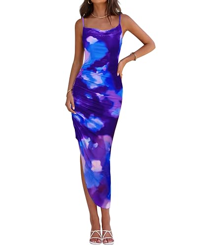 Image of PRETTYGARDEN Women 2025 Summer Mesh Dress Spaghetti Strap Cowl Neck Print Ruched Bodycon Dresses Asymmetrical Long Dress