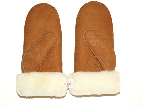 SUPER s6x (M) Lammfell Handschuhe Fäustlinge, Fausthandschuhe Lammfell, Cognac - braun, Damen - Größenbeschreibung siehe Produktbeschreibung