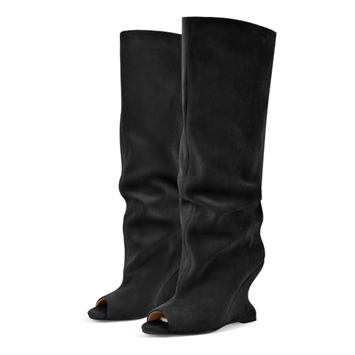 Rhineshell Women's Slouchy High Heels Pull On Wedge Knee High Boots Peep Round Toe Heeled Sandal Boot Faux Suede Solid Color Party Prom Shoes Black Size 10