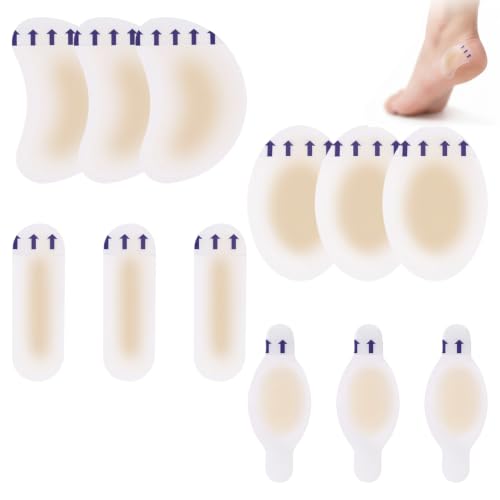 12 para Ampollas y Rozaduras, Apósitos Hidrocoloides de Gel Transparentes, Kit de 4 Formas para Talón, Dedos y Pies, Parches Antirozaduras Impermeables para Alivio del Dolor y Protección
