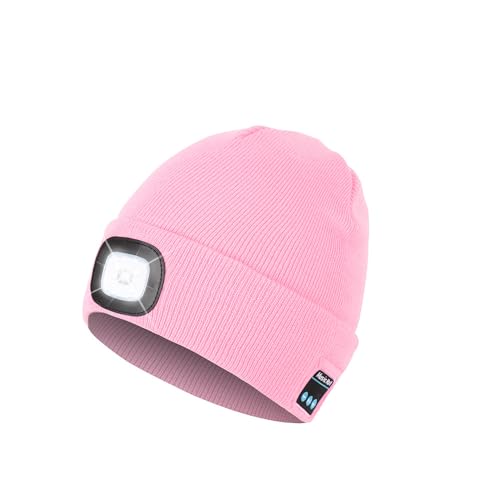 Berretto Bluetooth con luce, berretto con cuffie e microfono integrato, regalo per uomini, donne e adolescenti, Rosa, taglia unica