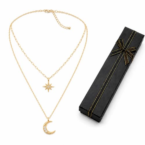 Image of Gold Necklaces for Women, Layered Pendant Necklace with Jewellery Box #B