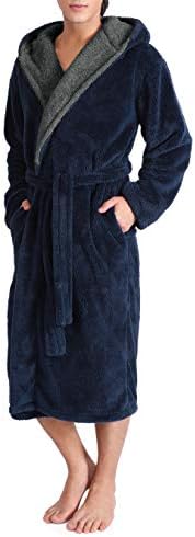 DAVID ARCHY Men's Hooded Fleece Plush Soft Shu Velveteen Robe Full Length Long Bathrobe (L, Navy Blue)
