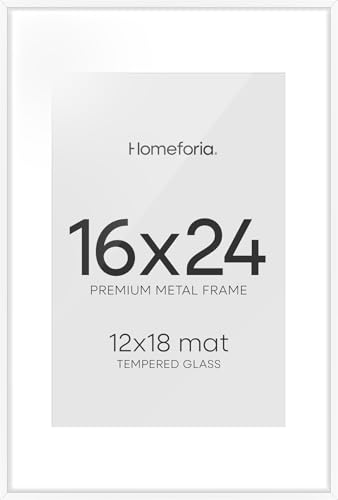 Image of Homeforia 16 x 24 Picture Frame White, High End Metal 24x16 Poster Frame, 16 x 24 White Frames Matted to 12 by 18 inch Print, 24by16 Thin Frame with Mat 12x18 Photo, Tempered Glass, Wall Kit, Set of 1