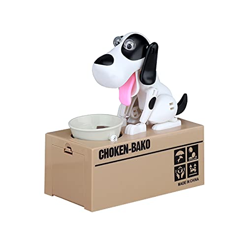 Dog Piggy Bank, Puppy Money Saving Box, Cute Automatic Stealing Coin Bank, Robotic Coin Munching Toy Money Box Gift (White)