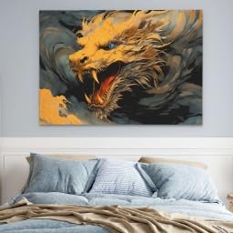 Tableau abstrait de dragon doré pour raviver un mur de salon blanc ou vide