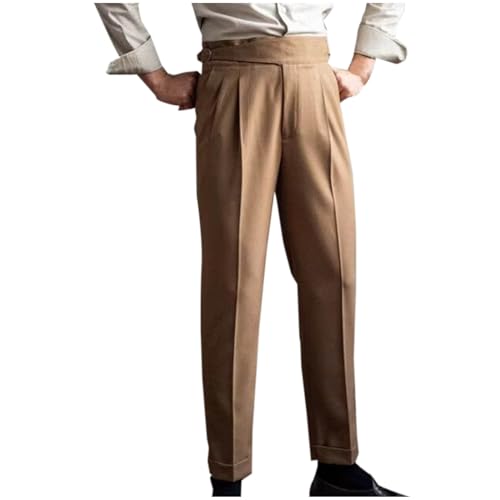 Cotton Dress Pants for Men Classic Vintage High Waist Trendy Suit Pants Pleated Front Trousers Office Casual Fashion