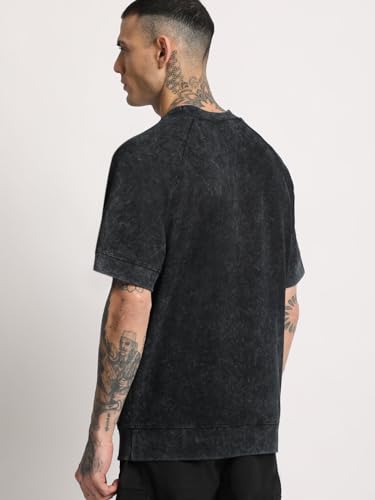 Image of Men Black Self Design Oversized Round Neck T-Shirt