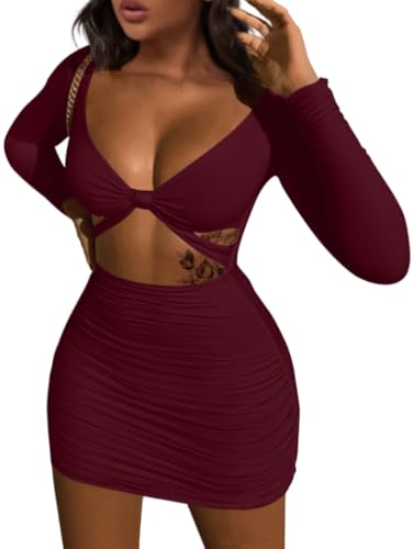 Image of XXTAXN Womens Sexy Bodycon Deep V Neck Long Sleeve Club Mini Dress | Cut Out Party Date Valentines
