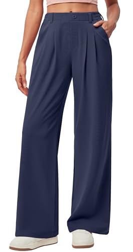 IUGA Wide Leg Pants Woman Pull on Stretchy Work Dress Pants High Waisted Business Casual Trousers Slacks 26'' X-Small, Petite Dark Blue