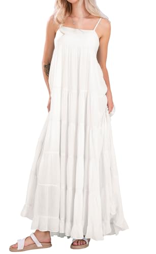 Image of loveimgs Women Summer Spaghetti Strap Smocked Maxi Dress Tiered Ruffle Sleeveless Long Flowy Dress Beach Sundress