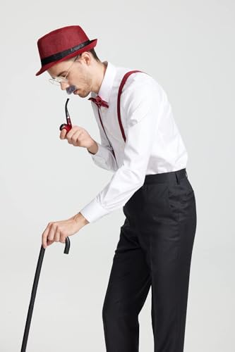 Gionforsy Old Man Costume Accessories Set Grandpa Accessories Set 1920s Mens Gatsby Gangster Costume with Newsboy Hat (Fedora Hat-Wine Red)