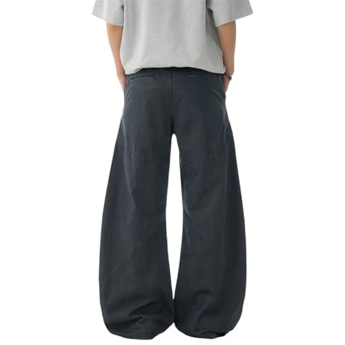 Men’s Spliced Curved Blade Jeans, Retro Streetwear Washed Distressed, Loose Wide Leg Denim Pants3