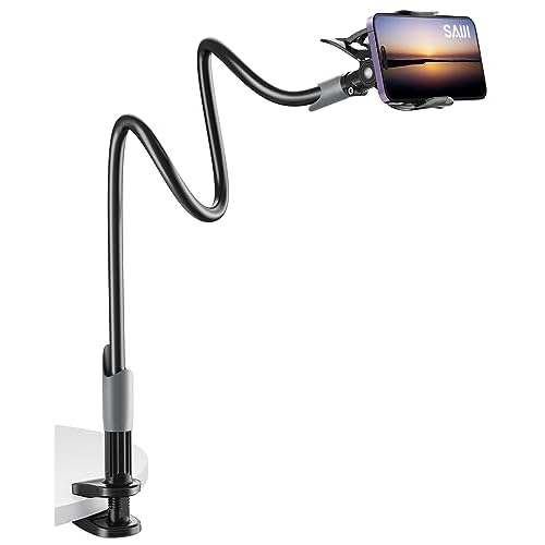 SAIJI Gooseneck Bed Phone Holder, Flexible Long Arm Phone Mount for Desk, Clip Bracket Clamp Stand for 4.0-6.5'' Mobile Cell Phone Stand Document Camera Nintendo Switch (Black)
