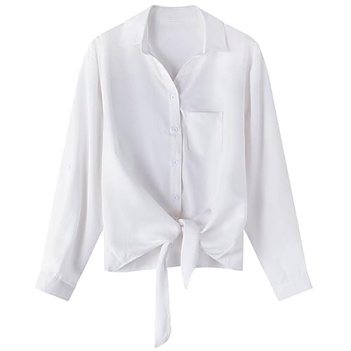 Dauocie Womens Tie Front Tops Casual Roll Up Long Sleeve Button Up Shirts with Pocket