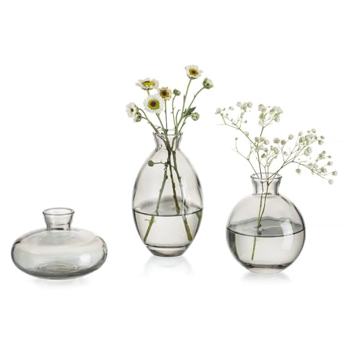 Bud Vases 3Pcs/Set Small Vases Handmade Cute Gray Small Vases for Flowers Centerpieces Glass Vases Mini Vase Home Decor Centerpieces, Events Table Decor