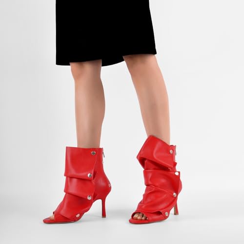 sexytag Women's Peep Toe Booties Slouchy Stiletto Kitten Heel Shark Boots Open Toe Back Zipper Fashion Ankle Short Boot4