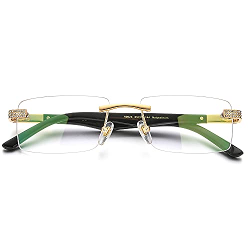 Image of HEPIDEM 100% Really Buffalo Horn Glasses,Square Rimless Luxury Buffs Eyeglasses with Zircon Diamonds