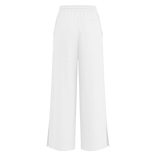 Image of Girls Linen Pants Wide Leg School Uniform Pants Cozy Elastic Waist Summer Casual Beach Lounge Trousers with Pockets
