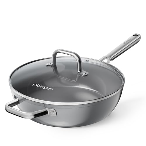naturepan Poêle Céramique Diamant Titane 28 cm Haute avec Couvercle - Revêtement Antiadhésif Sans PTFE/PFOA/PFAS - Poignée Restant Froide - Compatible Induction & Four - Lave-Vaisselle - Gris