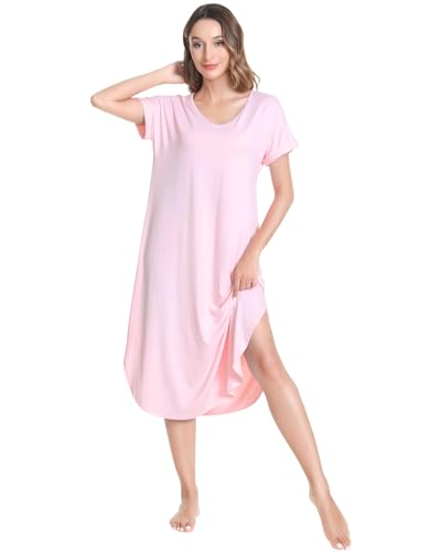 Image of NACHILA Nightgowns for Women-Viscose Made from Bamboo, V Neck Sleepshirts Short Sleeve Sleepwear Cool Nightshirt