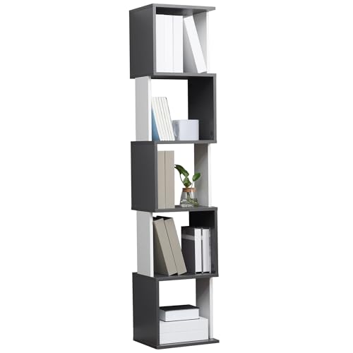 HOMCOM Libreria Moderna a 5 Ripiani in Legno, Mobile Libreria a Parete Salvaspazio per Casa e Ufficio, 33x28x161cm, Grigio e Bianco