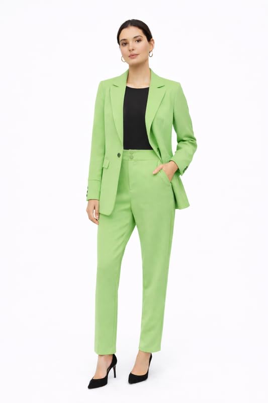 Women Green Formal Blazer & Trouser Set | Office Wear Slim Fit Dress | Single Button Blazer with Pants (Size-L)-image-0