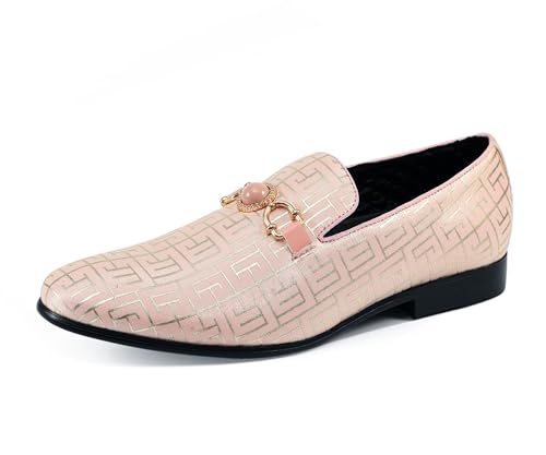 Amali Kazimar Luxury Loafers for Men - Elegant Slip-On Men’s Dress Shoes - Fashion Smoking Slippers with Golden Geometric Patterns and Embellished Ornament, Pink, Size 12