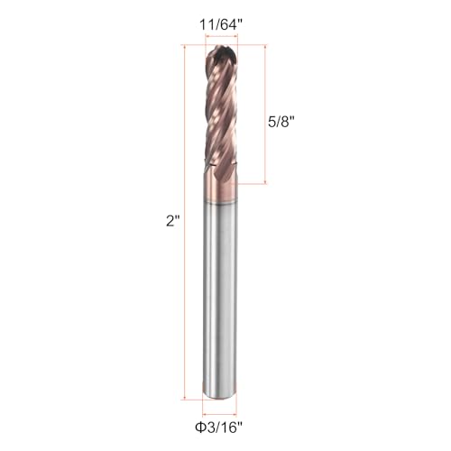Image of HARFINGTON Ball Nose End Mill 4 Flute 11 /64 inch Diameter 3 /16 inch Shank Tungsten Carbide TiAlN Coated Spiral CNC Router Bits 5 /8 inch Cutting Length Single End Ball for Carving Engraving Grinding