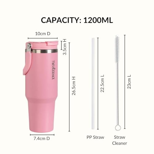 Image of Nestasia PickSip40 Tumbler with Straw & Top Handle 1.2L | Two Sided Lid with Sip & Gulp - Leakproof & Dustproof | Insulated Stainless Steel Sipper Water Bottle for Adults (Tropical Pink)