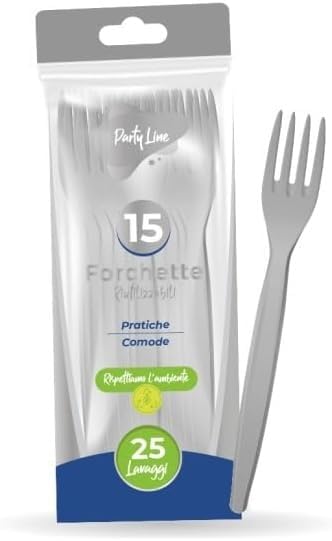 Forchette in plastica riutilizzabile colore argento satinato - la confezione comprende 15 forchette