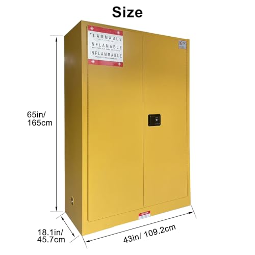 43\" x 18\" x 65\" Steel Flammable Liquid Cabinet, Industry Safety Storage, 45 Gal Flammable Safety Cabinets with 2 Adjustable Shelves 2 Manual Doors for Industrial Use, Yellow, Cold Rolled Steel - Thumbnail 2