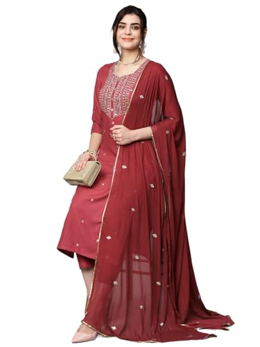Image of GoSriKi Women's Cotton Blend Embroidered Kurta Set with Pant & Dupatta - Straight Calf‑Length, 3 /4 Sleeve, Round Neck - Elegant Ethnic Attire (5 Colors, S-5XL)