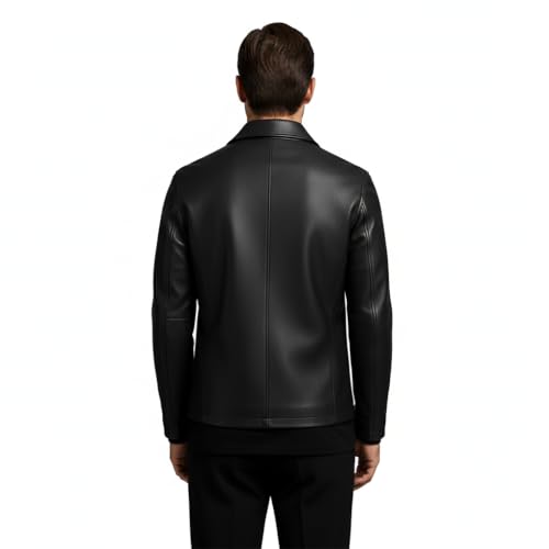 Image of Midnight Men's Premium Black Faux Leather Jacket with Front Zip Closure, Classic Collar, Sleek Minimal Design, Everyday Comfort and Timeless Style Fit