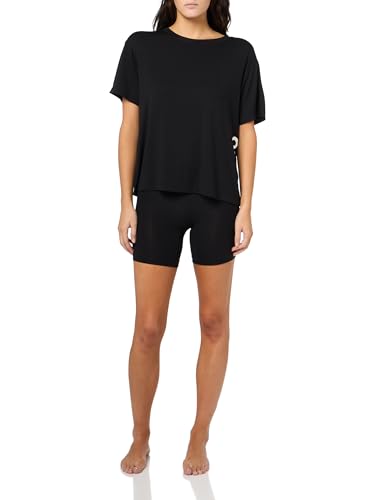 HUGO womens Exposed Waistband Logo Collar T-shirt and Shorts Set, Black Leather, L