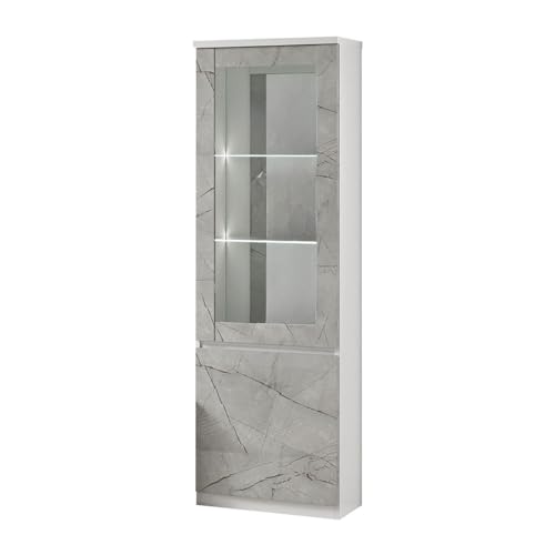 AltoBuy DEYTON - Vitrine Gauche Laquée Blanc et Gris Marbré avec LEDs