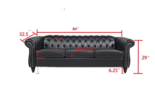 Nosga 84" Modern Pu Chesterfield Fabric 3 Seater Couch Furniture, Deep Button Tufted Chesterfield Sofa With Rolled Arms, Upholstery Nailhead Trim Sofa Couches For Living Room(Black) #TOP2
