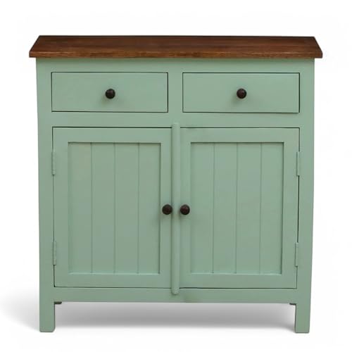 Image of Solid Wood Sideboard Cabinet | 2 Drawers | Scratch-Resistant Tubaq Top with Sage Green Finish | Stylish Storage for Living Room Decor
