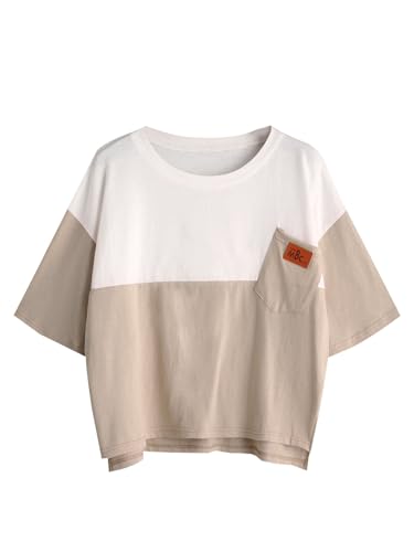 Product Image of the SweatyRocks Women's Color Block Half Sleeve High Low Casual Loose T-Shirt Tops Apricot White X-Small