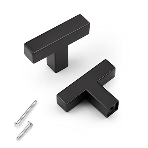 KNOBWELL 25 Pack Single Hole Black T Knobs Stainless Steel Drawer Knobs and Pulls, 2 Inch Length Matte Black Cabinet Knobs, Dresser Drawer Knobs for Kitchen and Bathroom