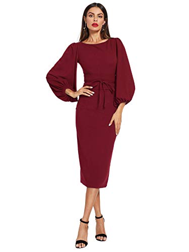 Floerns Women's Lantern Sleeve Tie Waist Midi Office Dress Burgundy L