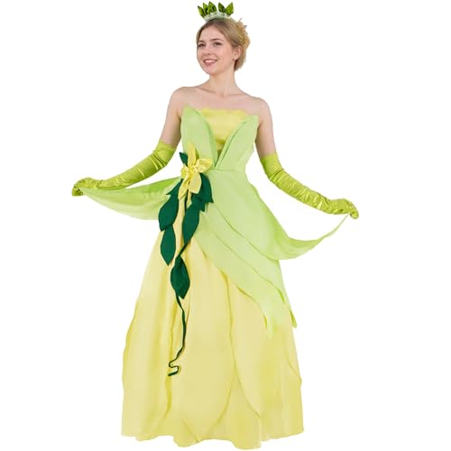Saephaw Princess Tiana Costume Women Tops Skirt 2pcs Set Green Flower Headband Gloves Halloween Tiana Dress Cosplay Outfits S