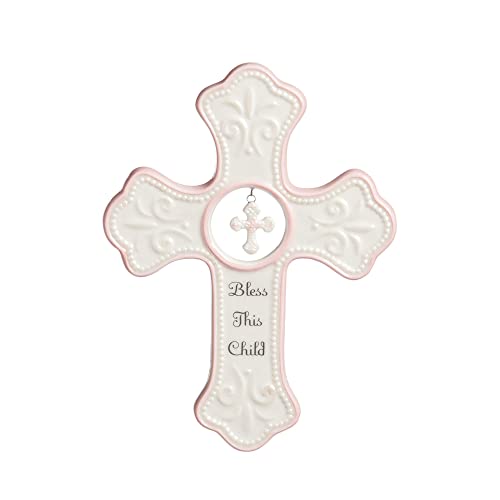 DEMDACO Bless This Child Soft Pink 7 x 5 Porcelain Ceramic Hanging Wall Cross