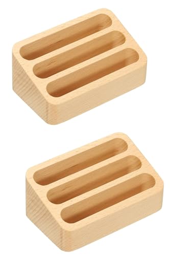 High Stability Wooden Business Card Holder Stand with 3 Slots, 2Pcs 3-Slot Beech Wood Business Card Holder, Wooden 3 Tier High Stability Business Card Stand Business Name Card Holders for Office