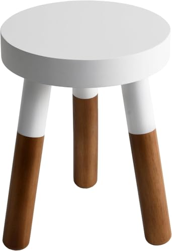 Image of Modern Round Wooden Stool & Side Table with White Finish, Solid Wood Legs, Stylish Multipurpose Furniture for Home, Living Room & Bedroom Small