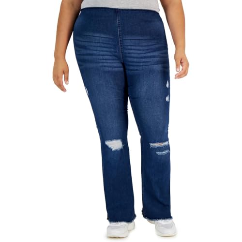 Tinseltown Women's Trendy Plus Size Ripped Pull On Flare Jeans
