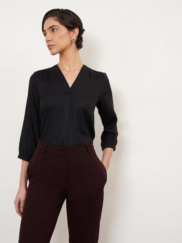 Image of FableStreet Women Formal & Casual Top | V-Neckline with Gathered Back Detail & Three-Quarter Sleeves | Premium Satin Fabric for Office Wear & Sophisticated Outings
