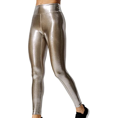 inhzoy Women s Shiny Metallic Active Performance Clubwear Tights Yoga Pants Dance Running Leggings Rose Gold B XL