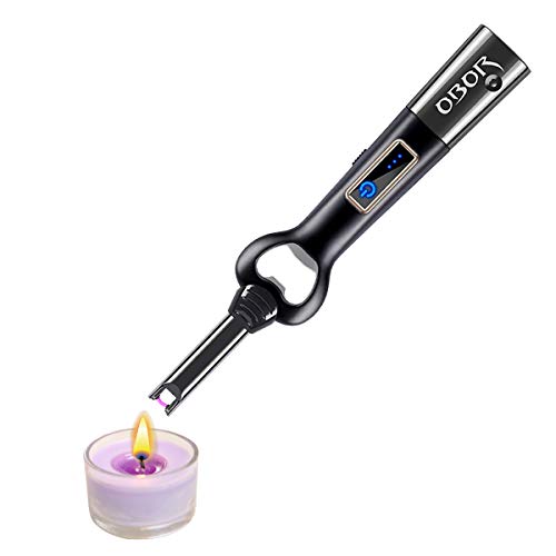 OBOR Electric Arc USB Lighter Touch Sensor Rechargeable Flameless Windproof Long Candle Plasma Lighter with Flashlight and Bottle Opener for Household Outdoor Camping Cooking Grill BBQ (Black)